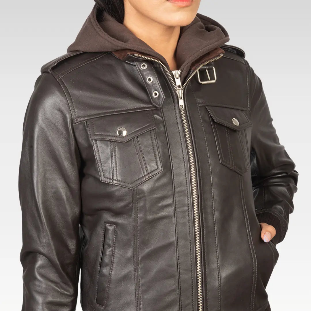 Roslyn Hooded Leather Bomber Jacket - Image 14
