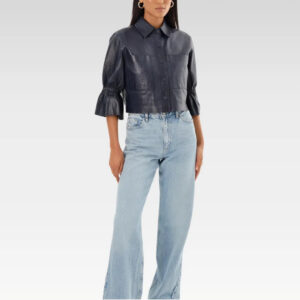 CAROLINA  Cropped Leather Jacket with Ruffle Sleeves