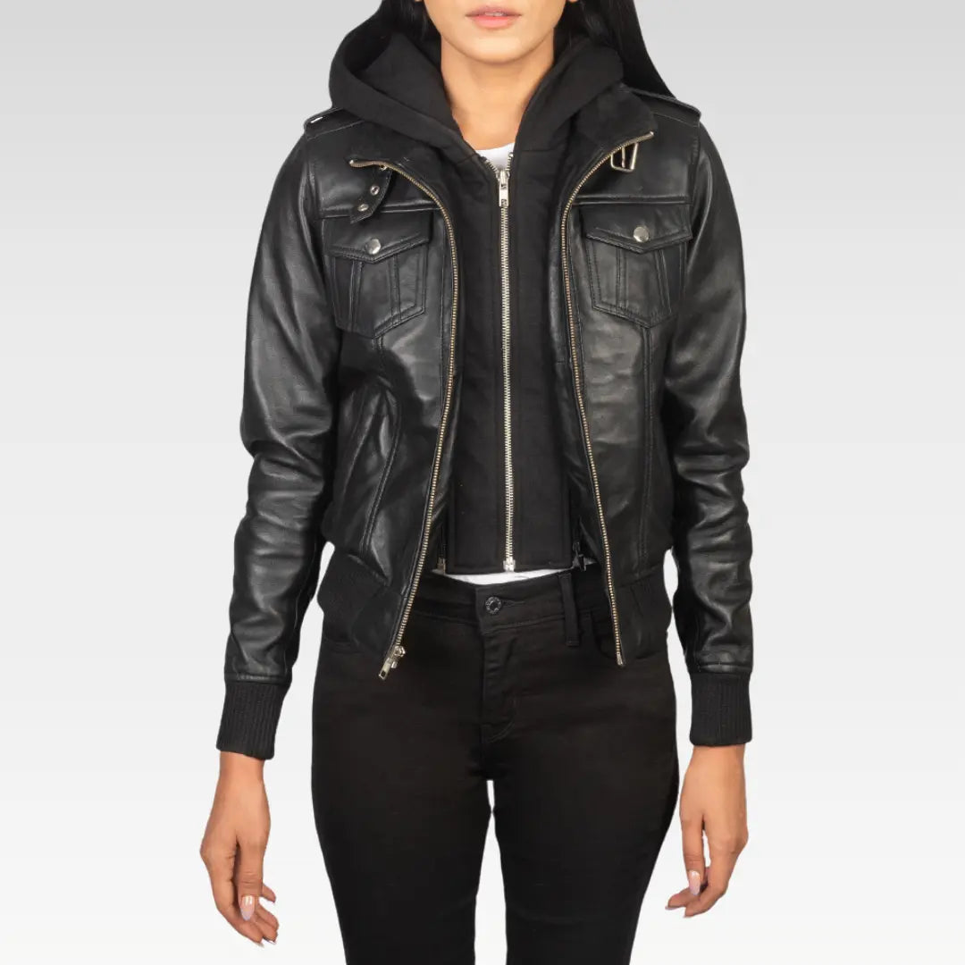 Roslyn Hooded Leather Bomber Jacket - Image 2