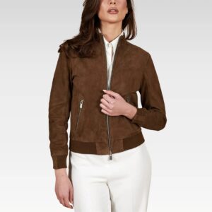 Woman wearing a brown suede jacket on a white background