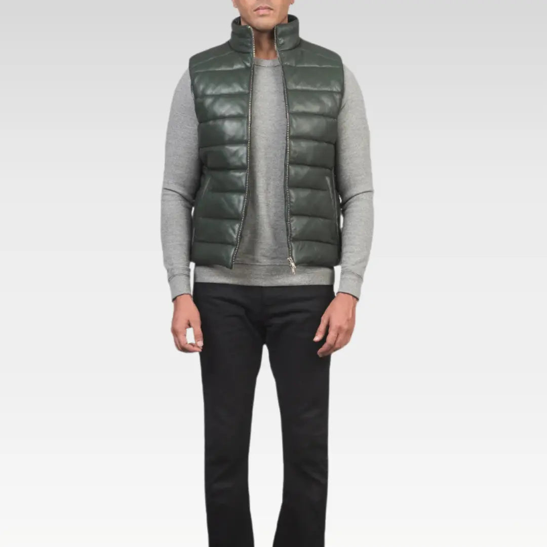 Men’s Green Sheepskin Leather Puffer Vest - Image 2