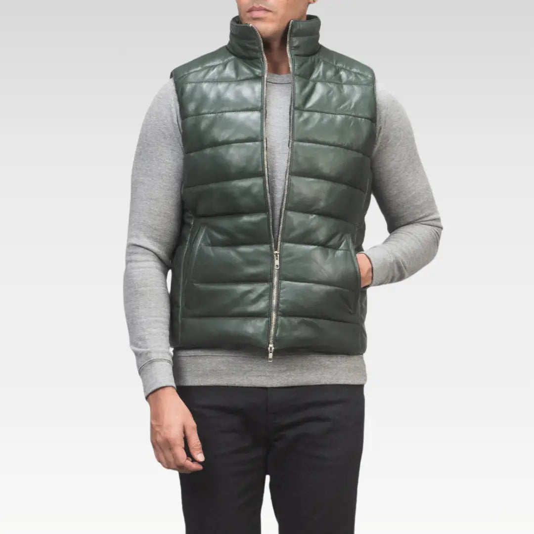 Men’s Green Sheepskin Leather Puffer Vest - Image 4