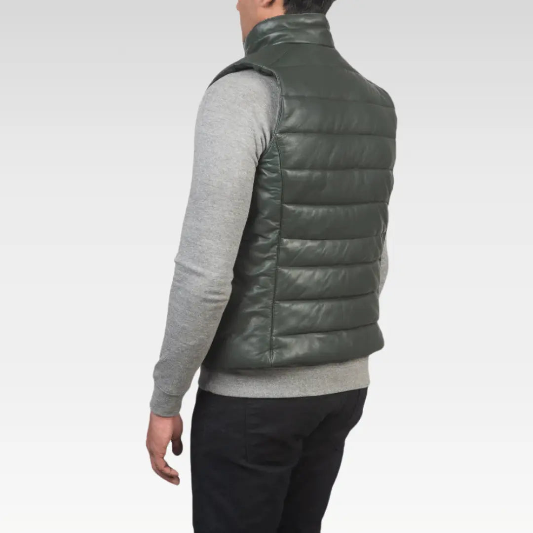 Men’s Green Sheepskin Leather Puffer Vest - Image 5