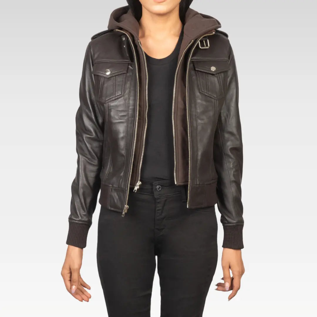 Roslyn Hooded Leather Bomber Jacket - Image 15