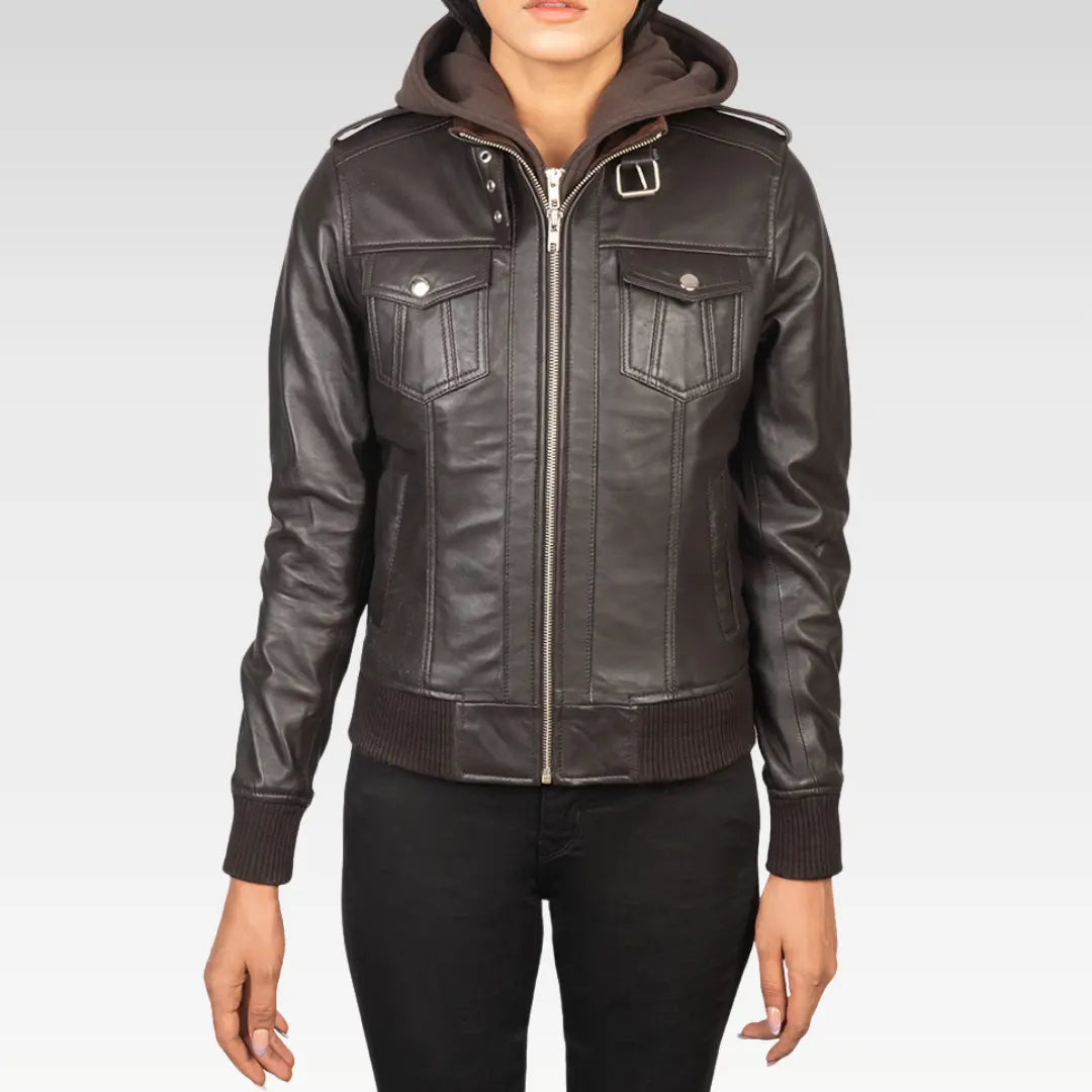 Roslyn Hooded Leather Bomber Jacket - Image 12
