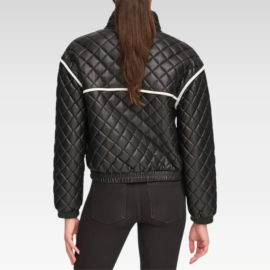 Back view of Alia Black Quilted Bomber Leather Jacket showing quilted design, elastic cuffs, and white stripe detail.