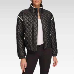 Full front view of Alia Black Quilted Bomber Leather Jacket with polished stand collar, elastic cuffs, and classic quilted pattern.