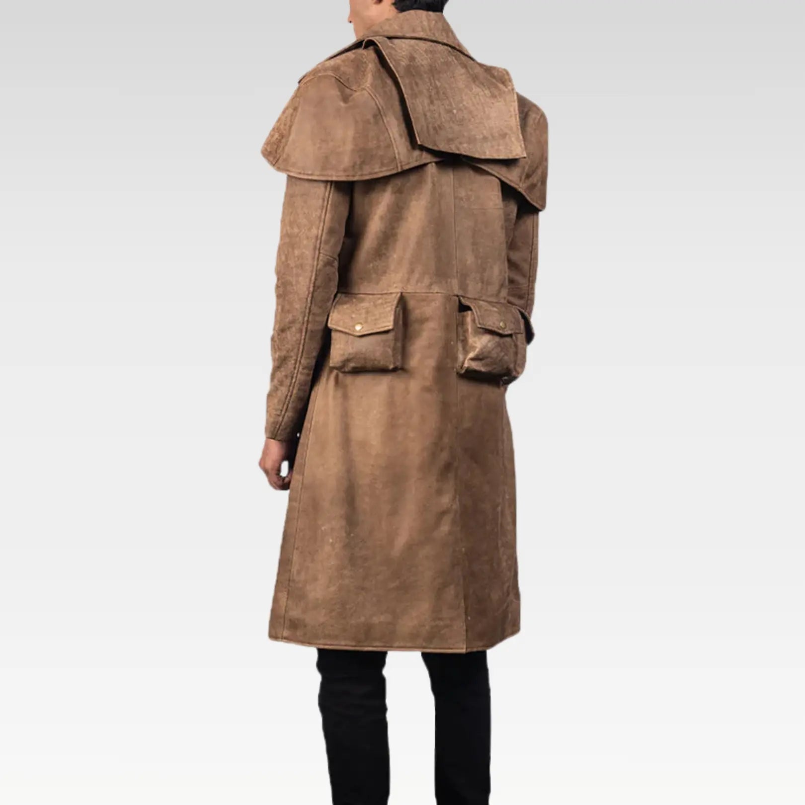 Back view of Army brown sheepskin leather duster with rugged snuffed finish and vintage detailing.