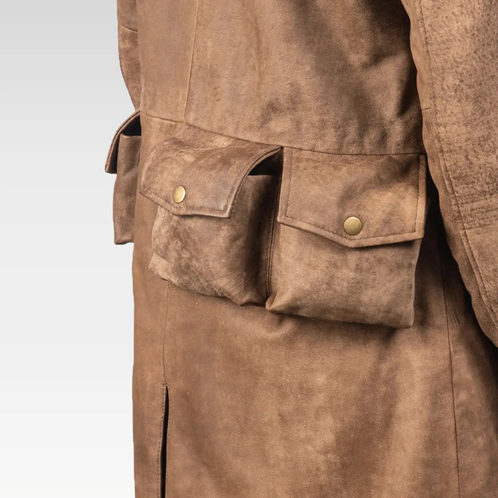 Close-up of Army brown leather duster showcasing wide collar, open front design, and distressed texture