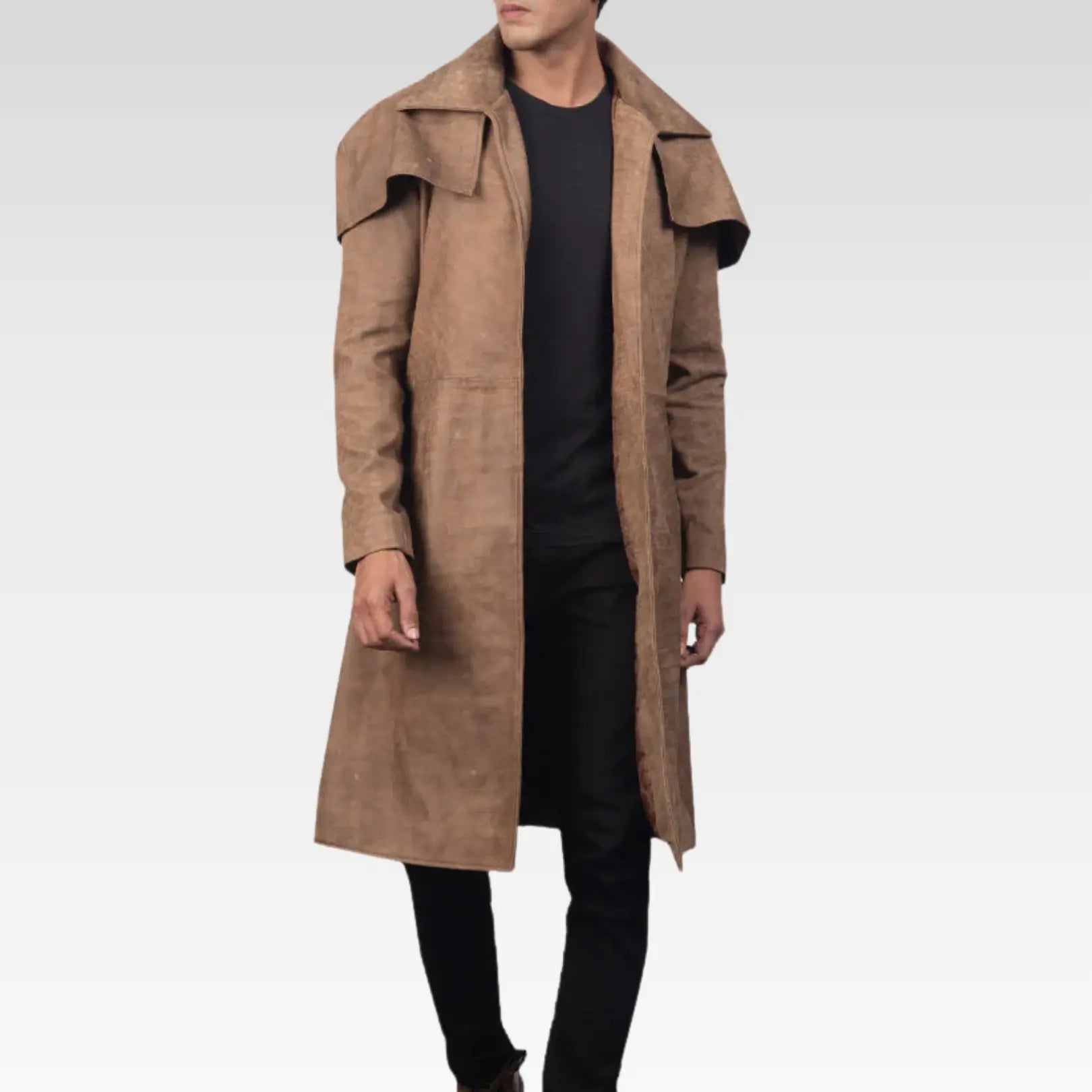 Full front view of Army brown distressed leather duster with open front design, quilted lining, and multiple pockets