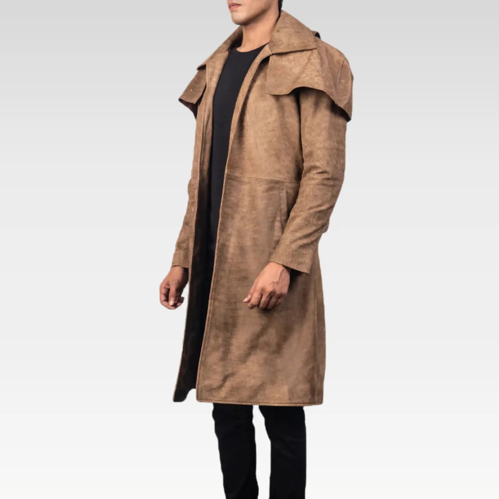 Side profile of Army brown sheepskin leather duster highlighting tailored fit, layered shoulder flap, and longline cut.