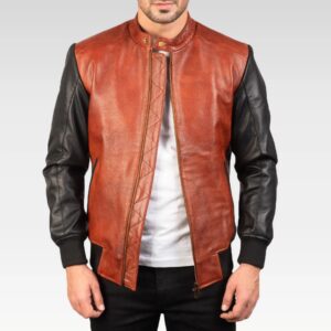 Avan Black & Maroon Leather Bomber Jacket