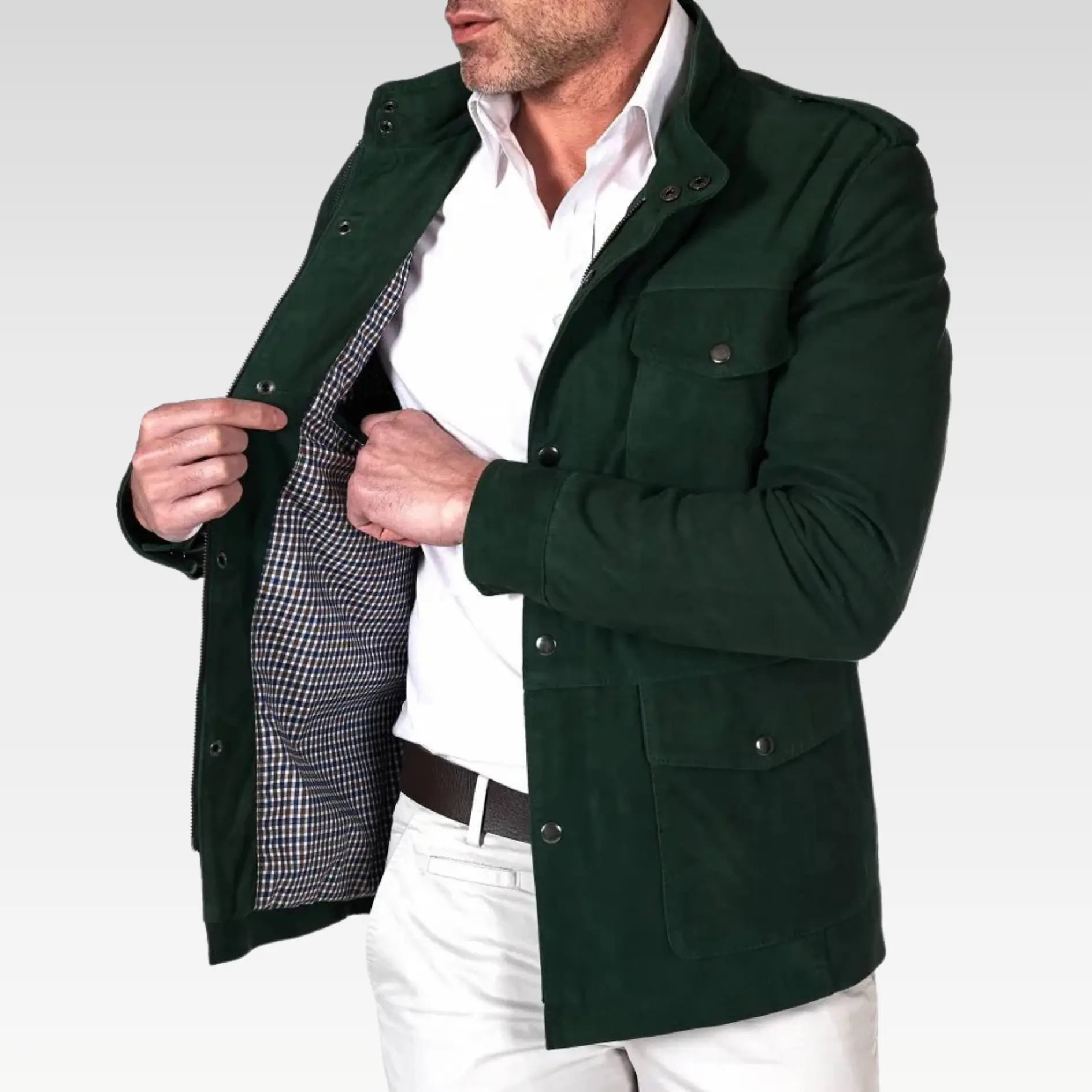 Axel - Green suede leather saharan jacket with patch pockets - Image 2