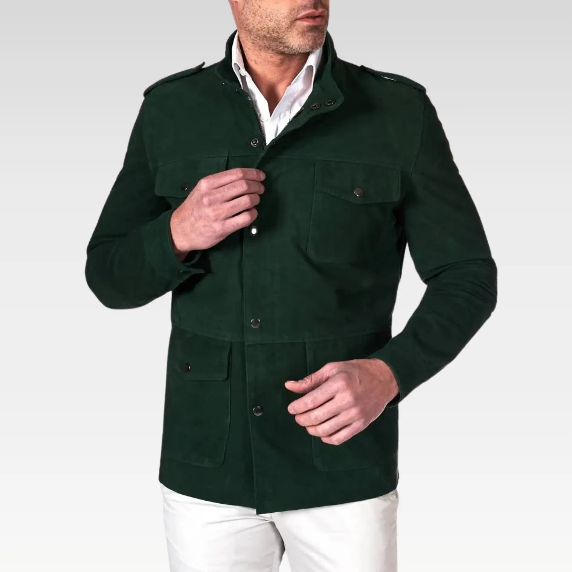 Axel - Green suede leather saharan jacket with patch pockets - Image 8