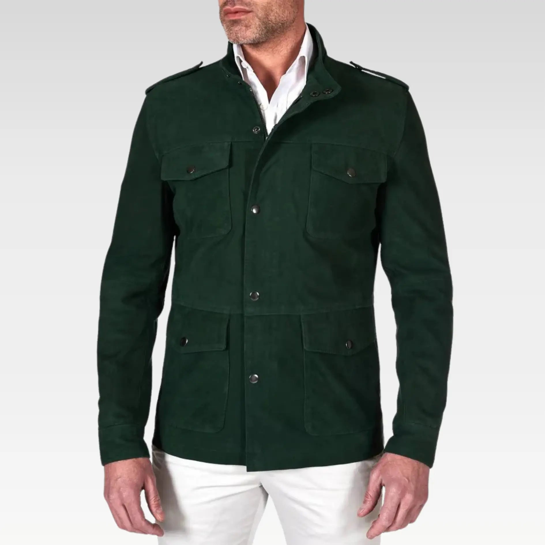 Axel - Green suede leather saharan jacket with patch pockets - Image 6