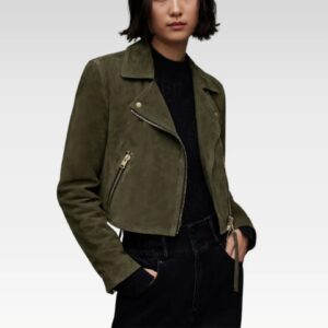 Side angle of the Beyza olive green suede biker leather jacket, featuring its durable suede finish, zippered cuffs, and sleek silhouette, ideal for a bold and modern wardrobe addition.