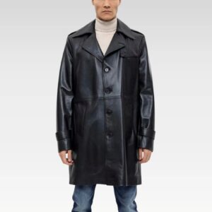 Close-up of a Black Axel Leather Coat highlighting its belted sleeves, adding a biker-inspired touch to the 100% genuine leather design.