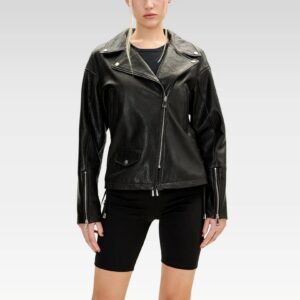 Black lambskin leather biker jacket with adjustable side strings, zippered cuffs, and authentic biker styling for effortless edge
