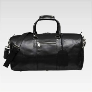 Black Apex Genuine Leather Duffel Bag with 45L capacity, full-grain leather build, front zip pocket, sturdy handles, and detachable shoulder strap.