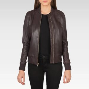 Bliss Maroon Leather Bomber Jacket front zipper detail, showcasing the smart closure design and two outer pockets on this premium leather jacket with a retro varsity vibe.
