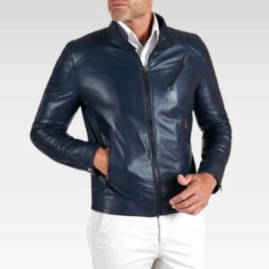Blue quilted lamb leather biker jacket three zipper pockets