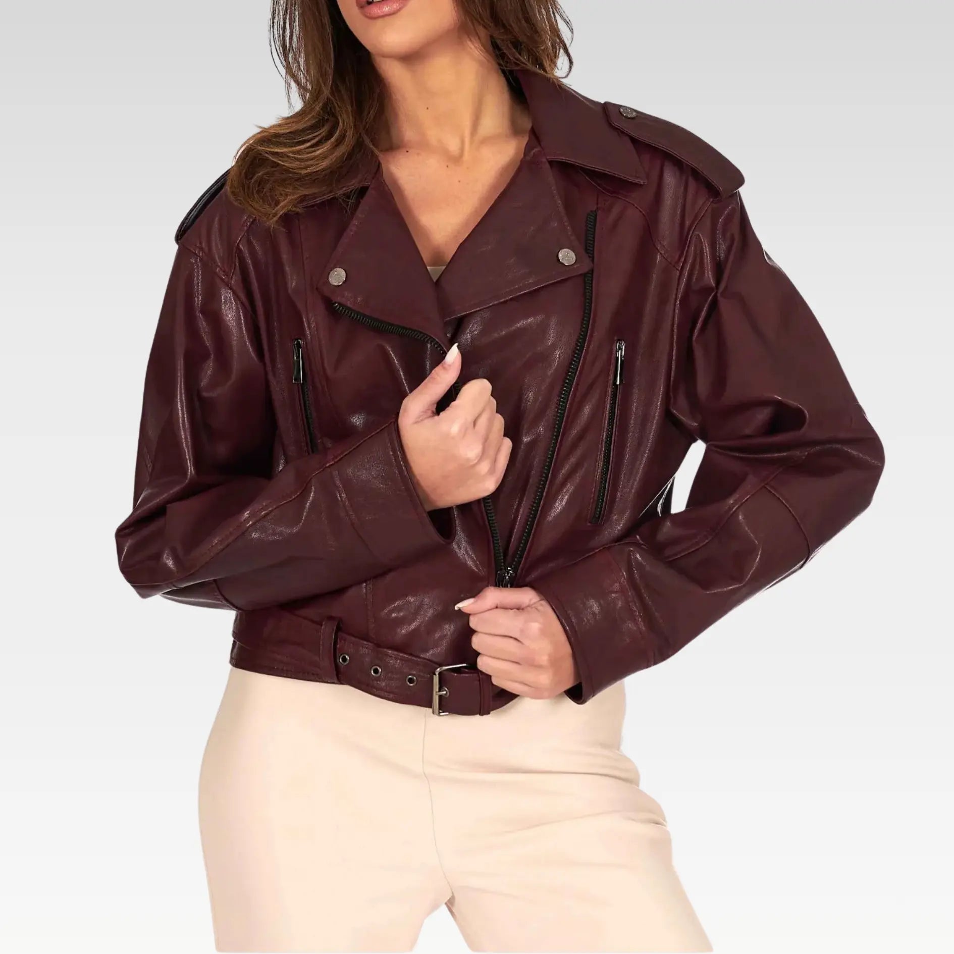 Bordeaux Leather Biker Jacket - Image 2