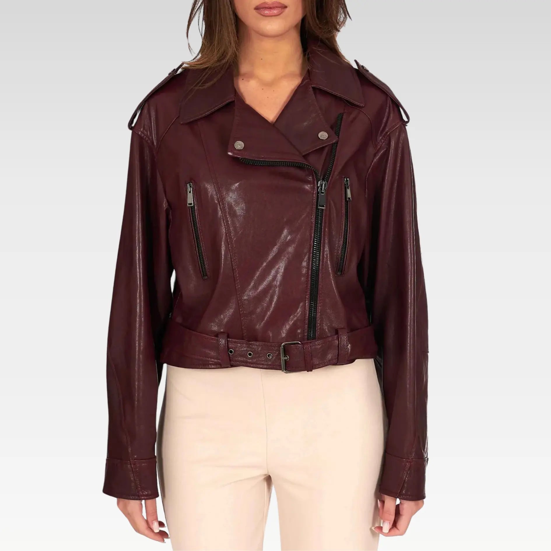 Bordeaux Leather Biker Jacket - Image 5