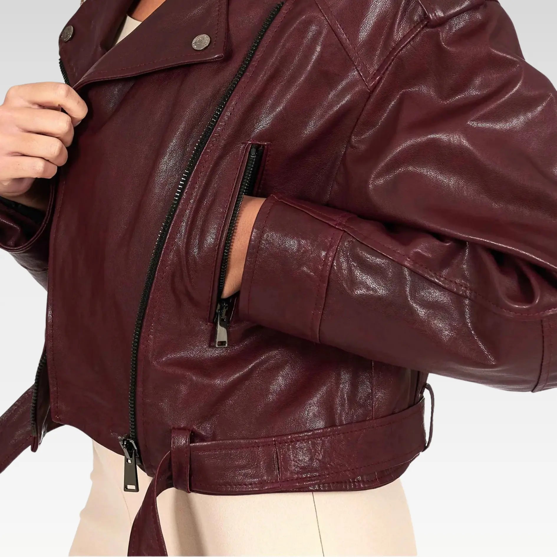 Bordeaux Leather Biker Jacket - Image 3