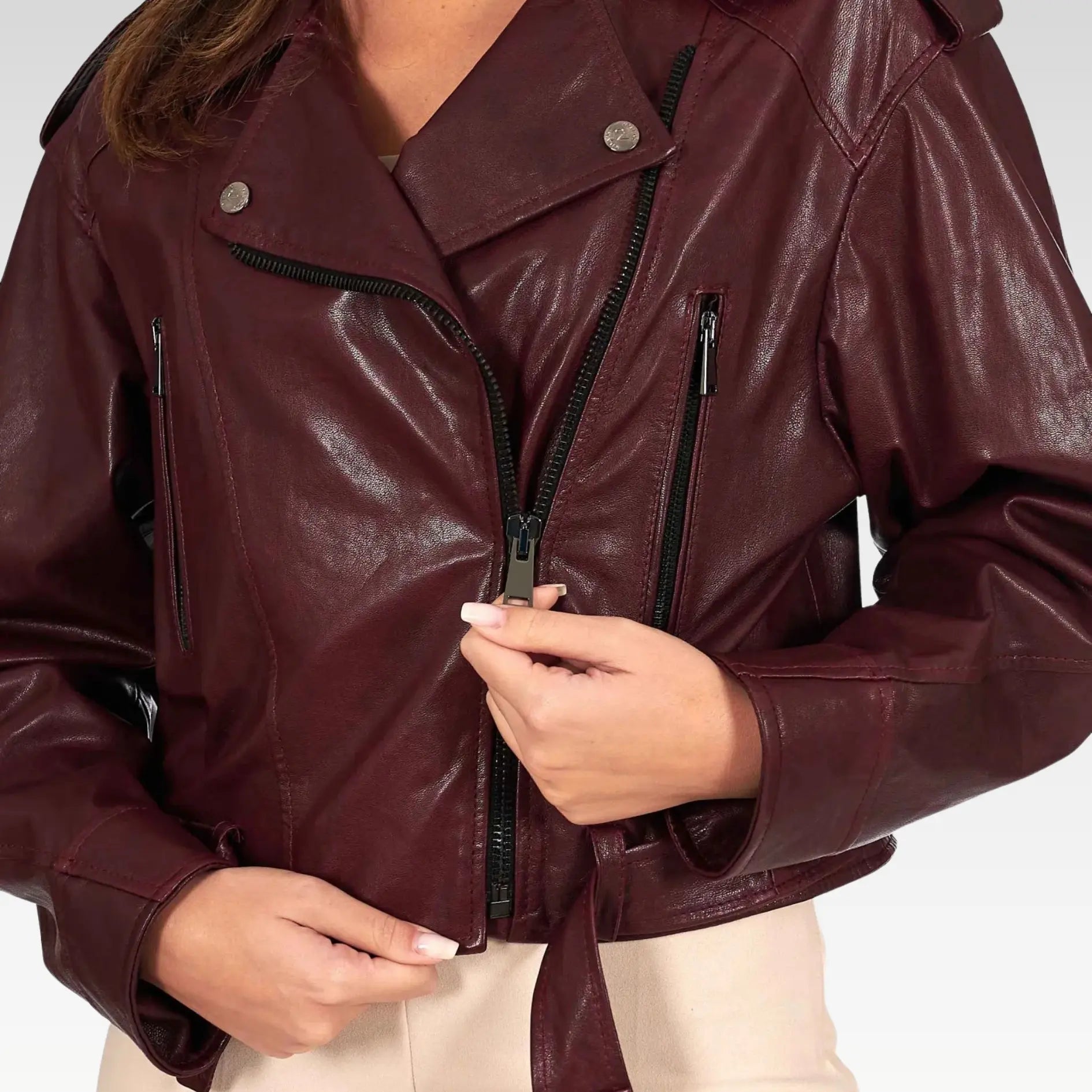 Bordeaux Leather Biker Jacket - Image 9