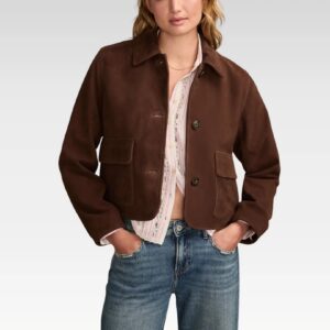 Open-style view of a versatile boxy-crop suede jacket in brown, paired with jeans and a tee, showcasing its cropped length and easy, elevated everyday wear.