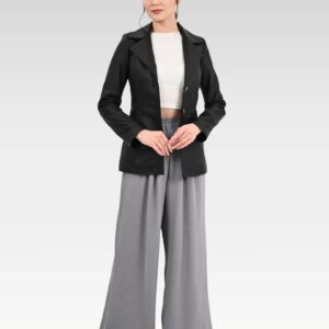 A front open view of the Brienne Casual Women's Black Leather Blazer, showcasing its tailored fit and lightweight design, ideal for pairing with jeans or dresses for versatile styling.