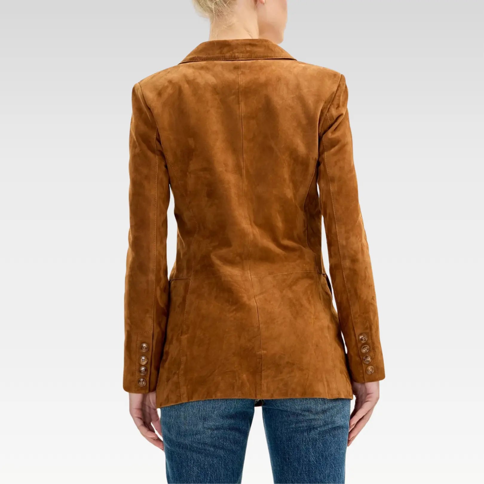 Back view of premium lambskin suede double-breasted jacket in brown with tailored fit and peak lapels.