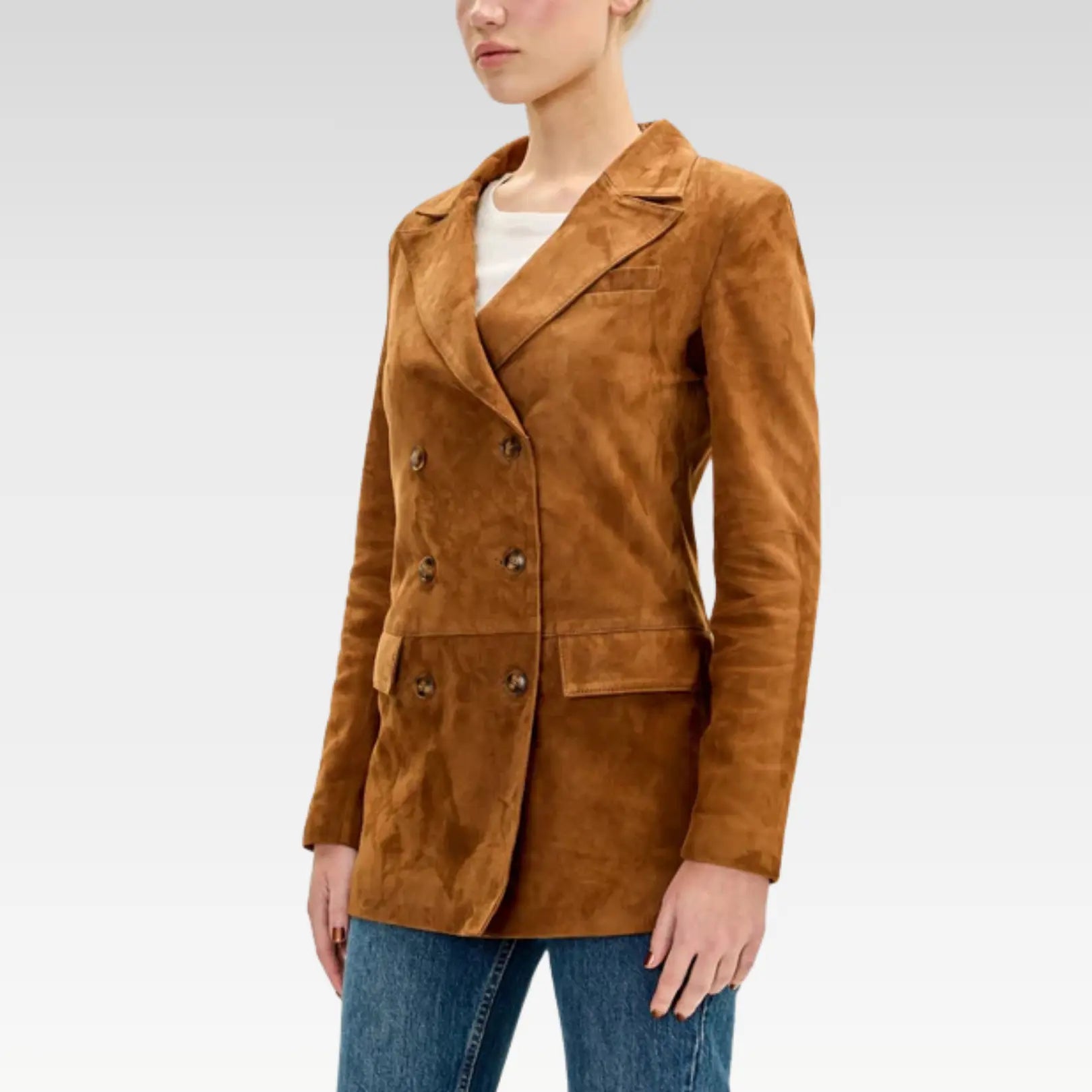 Side view of brown lambskin suede double-breasted jacket showing tailored fit and flap pocket design.