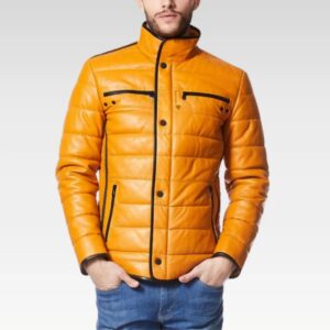 CAGE Yellow Padded Men's Premium Quilted Puffer Leather Jacket