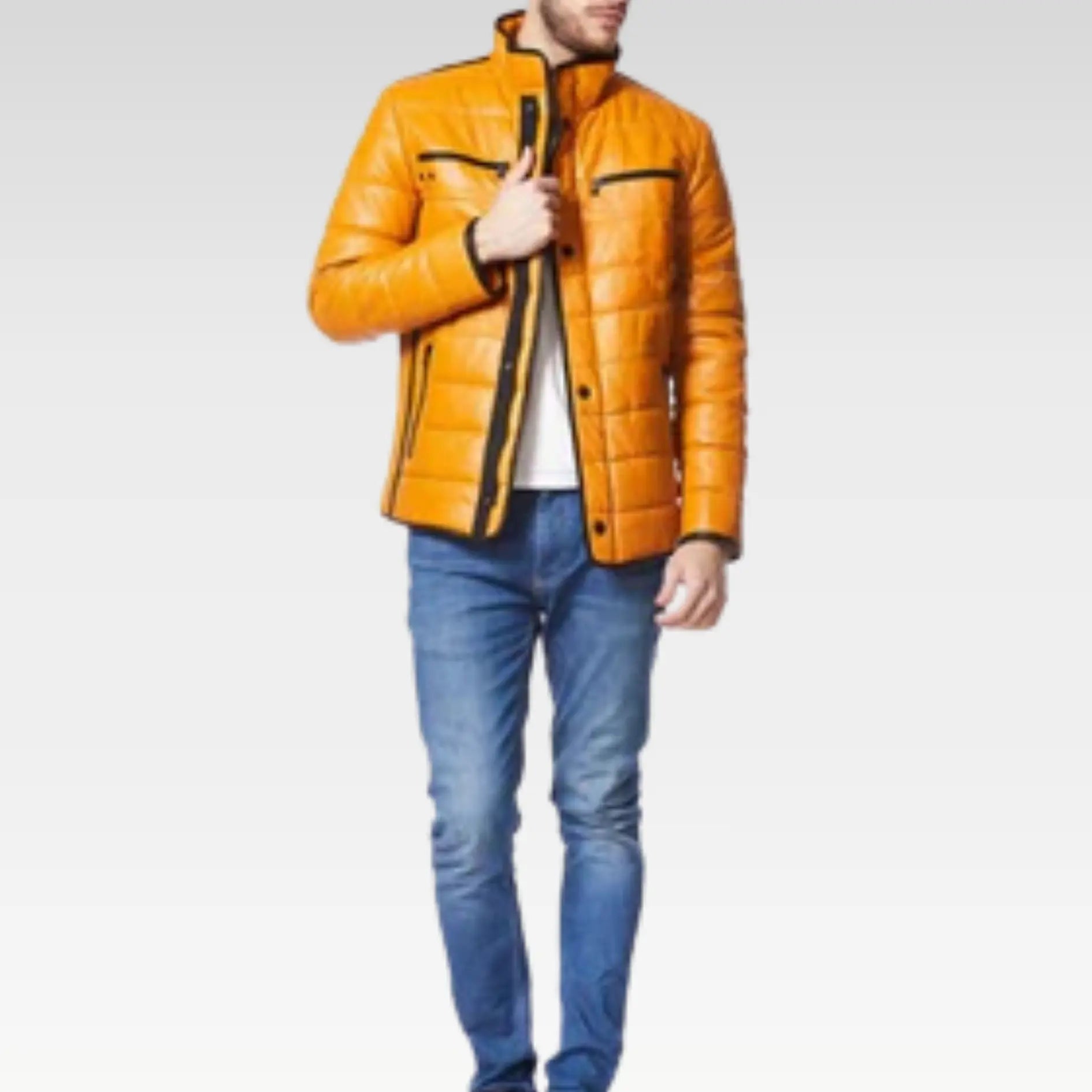 CAGE Yellow Padded Men's Premium Quilted Puffer Leather Jacket - Image 2