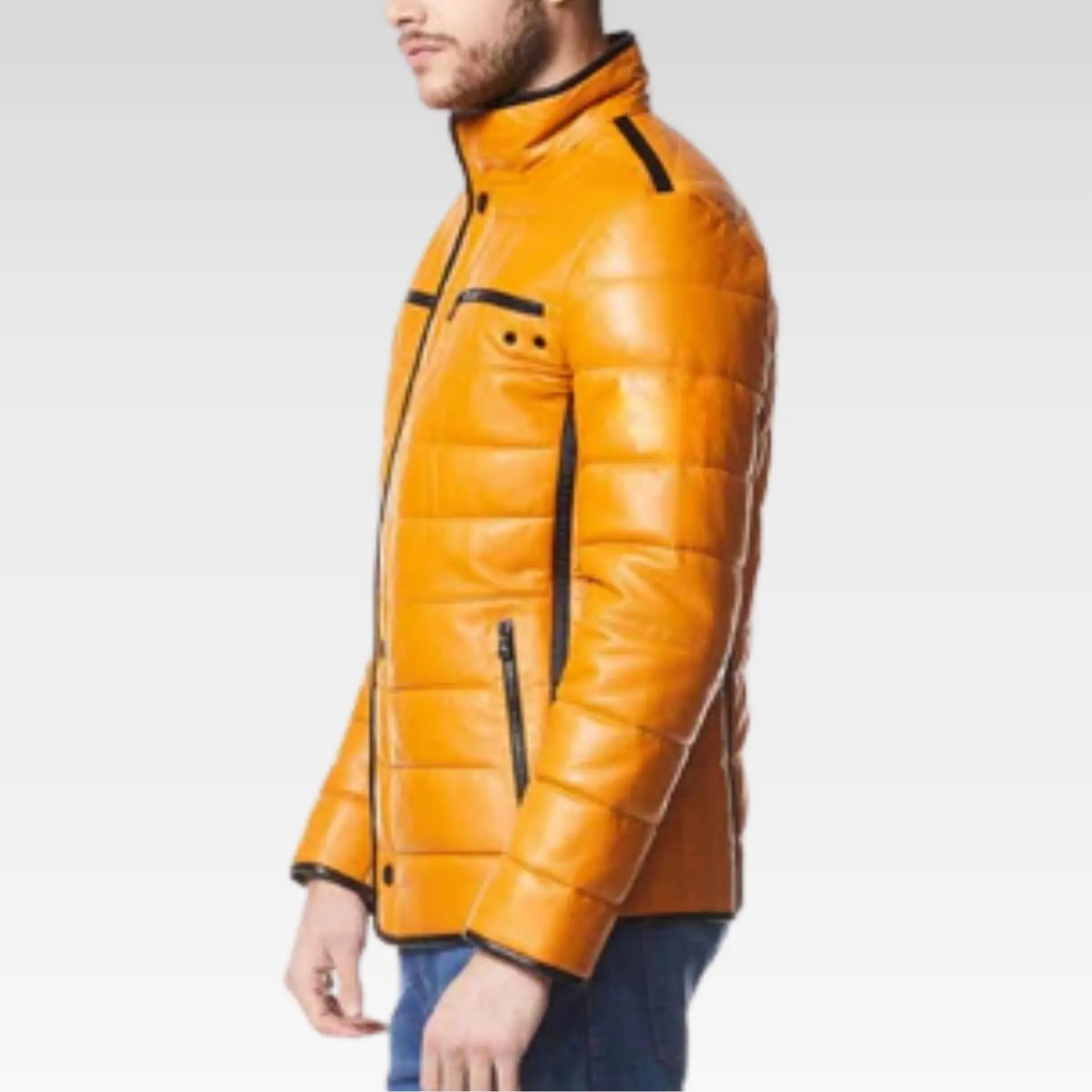 CAGE Yellow Padded Men's Premium Quilted Puffer Leather Jacket - Image 4