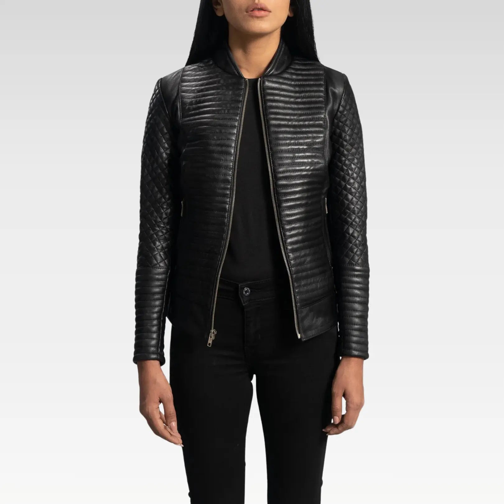 Close-up of the Cityscape Black Leather Biker Jacket’s quilted viscose lining, zippered cuff, and sleek stitching.