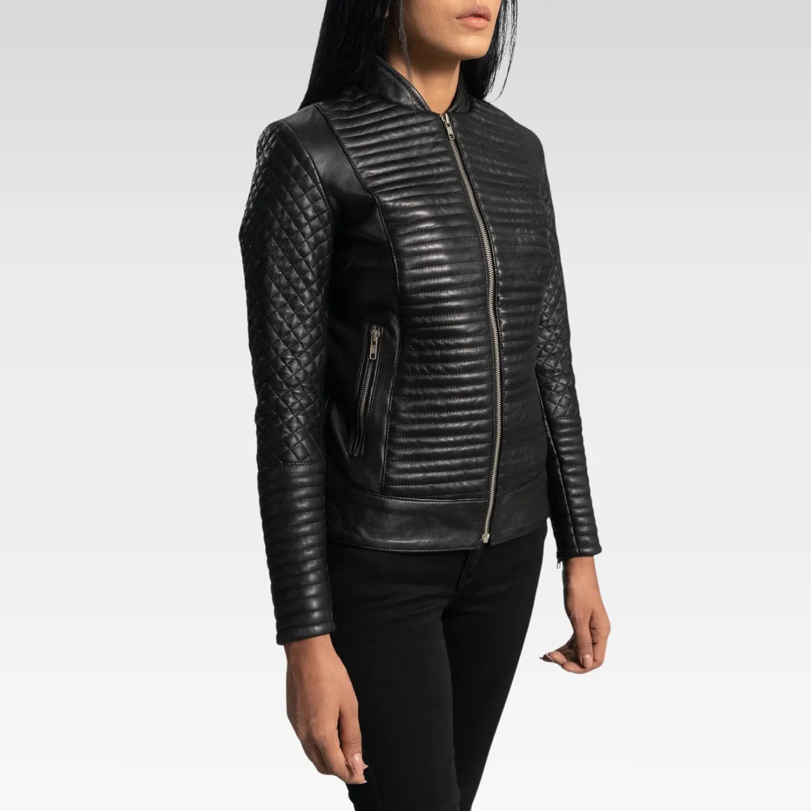 Side profile showcasing the tailored fit and varsity-style collar of the Cityscape Black Leather Biker Jacket.