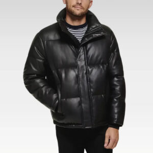 Front view of the Core Black Leather Puffer Jacket highlighting sleek design, YKK zipper closure, and soft quilted leather finish.