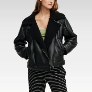 view of the Dakota Leather Aviator Jacket showcasing its cozy 100% polyester shearing lining and durable polyurethane leather, ideal for stylish warmth.