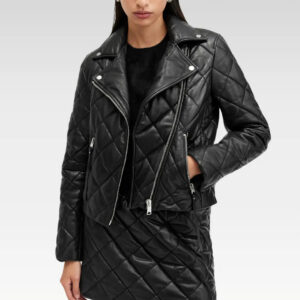 Close-up of the Dalby black quilted moto leather jacket showing the YKK zippered pockets, soft quilted pattern, and premium leather texture.