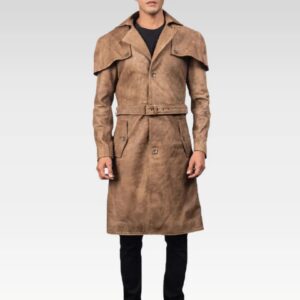 Full-length view 2 of Deux black leather duster coat with button-and-belt closure and open hem cuffs.