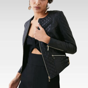 Front view of the Diamond quilted leather moto jacket showing the front zip closure and fitted silhouette in black leather.