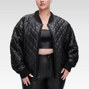 Front view of the Eira Black Leather Quilted Bomber Jacket with arms down, highlighting the rib-knit details and quilted design.
