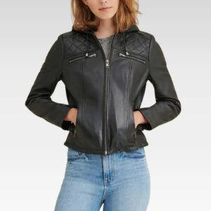 Elegant Diamond Black Hooded Real Leather Jacket