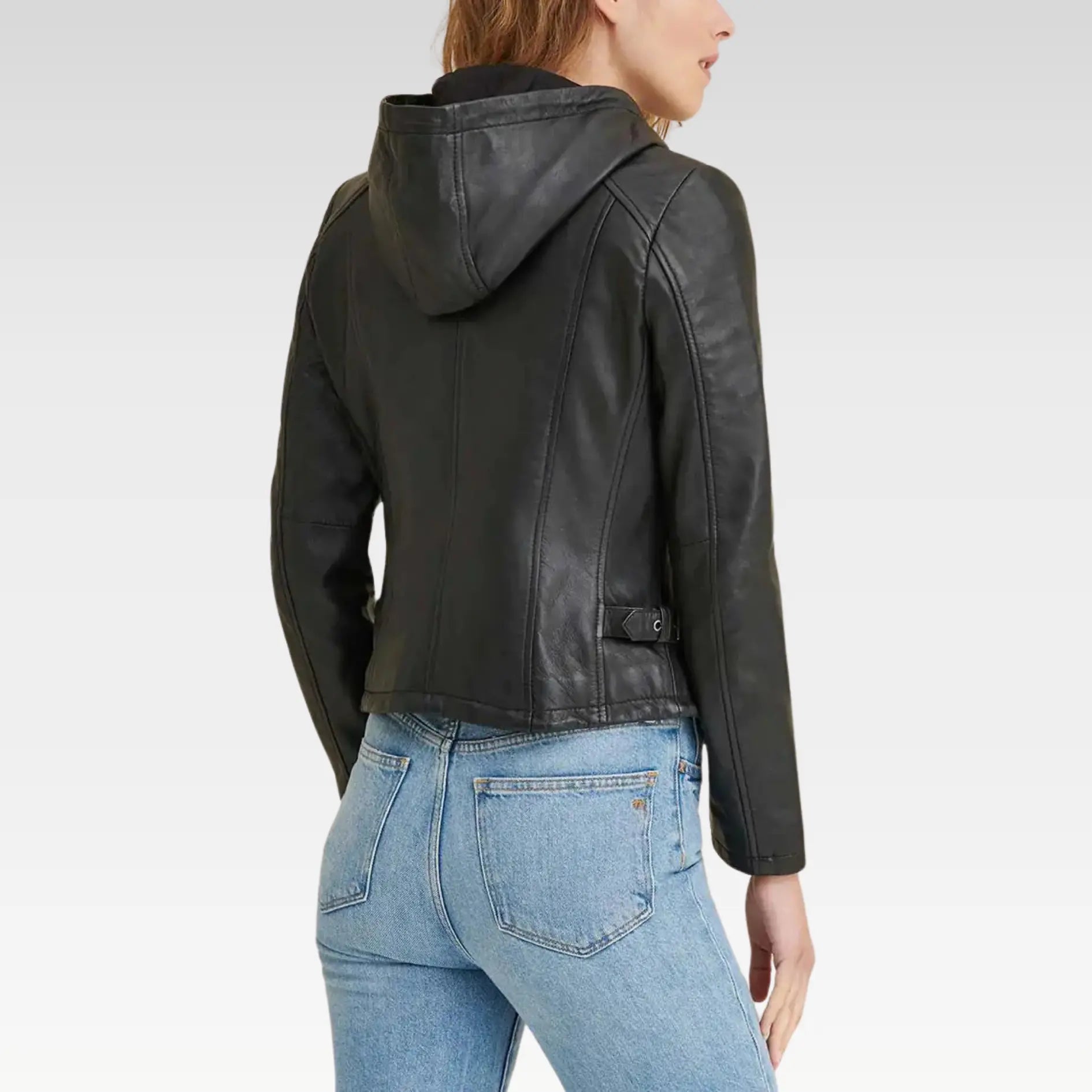 Elegant Diamond Black Hooded Real Leather Jacket - Image 4