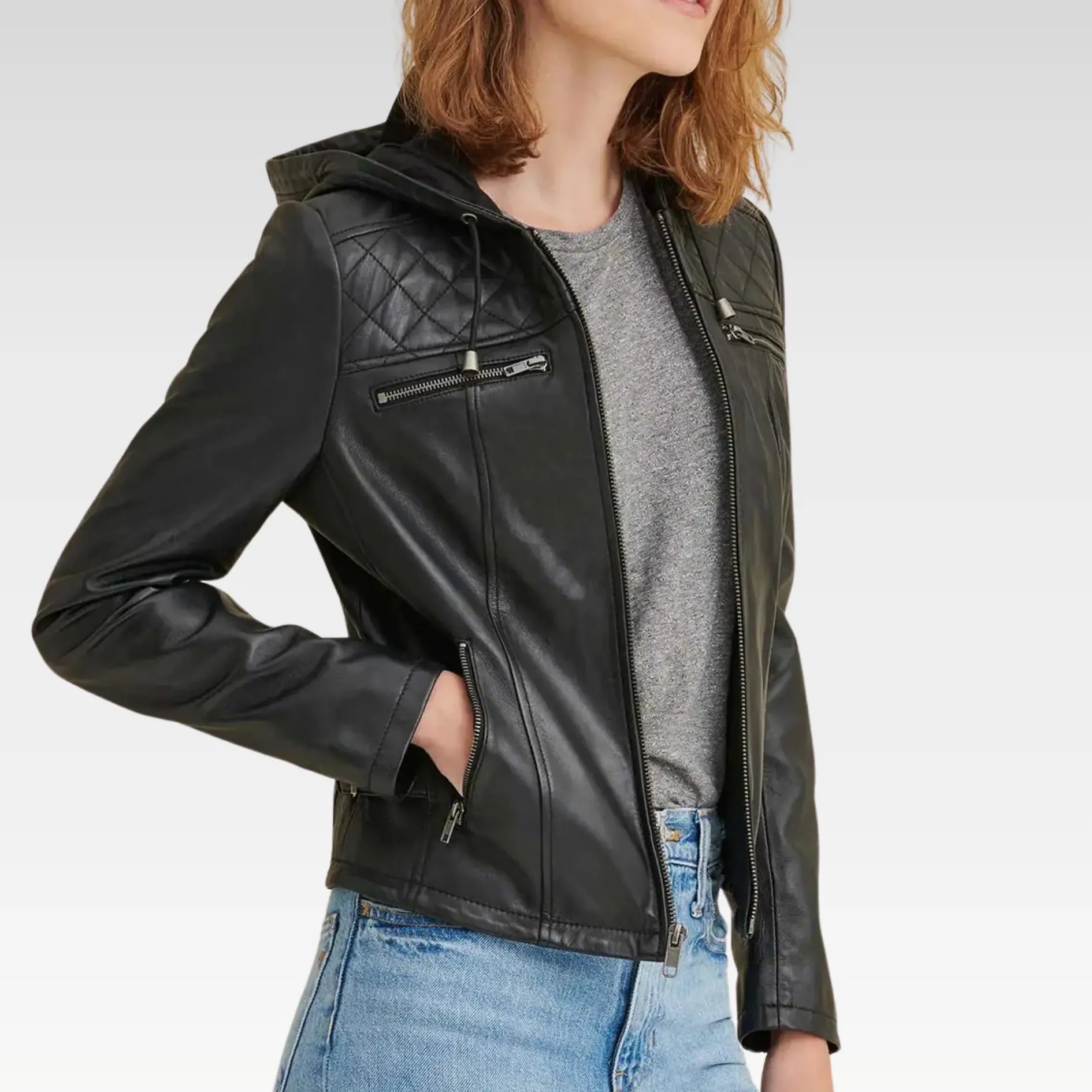 Elegant Diamond Black Hooded Real Leather Jacket - Image 3