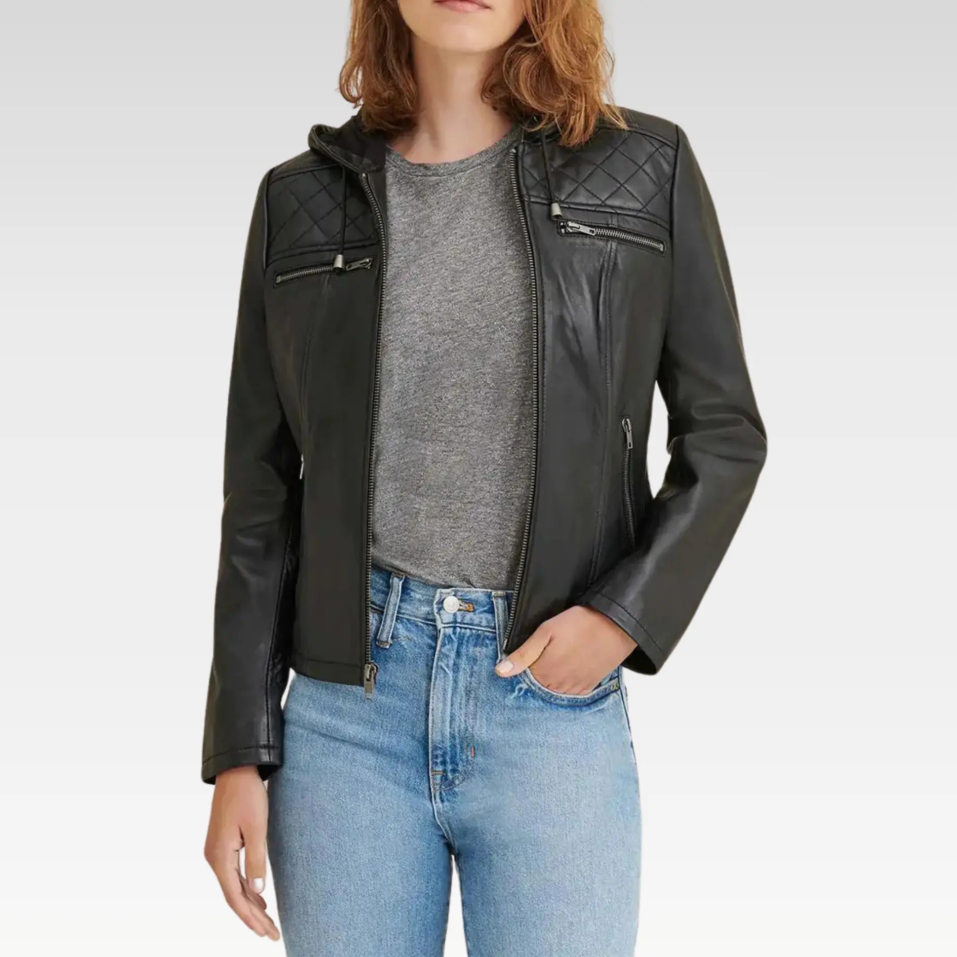 Elegant Diamond Black Hooded Real Leather Jacket - Image 2