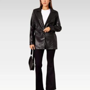 Elegant black leather jacket with a collared neckline, oversized design, and premium leather material, great for enhancing any wardrobe.