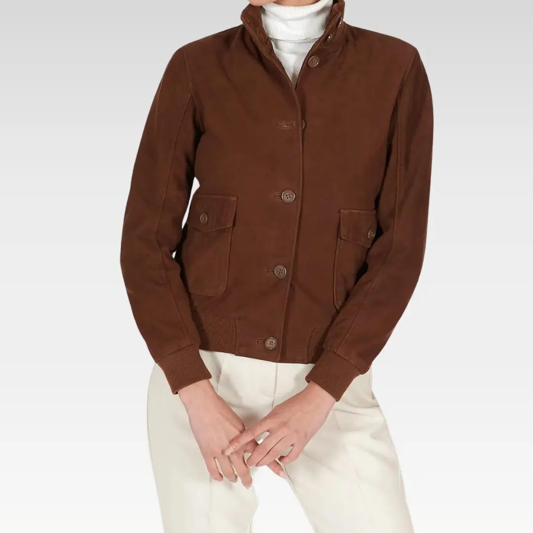 Faty - Suede Leather Bomber Jacket With Buttons - Image 6